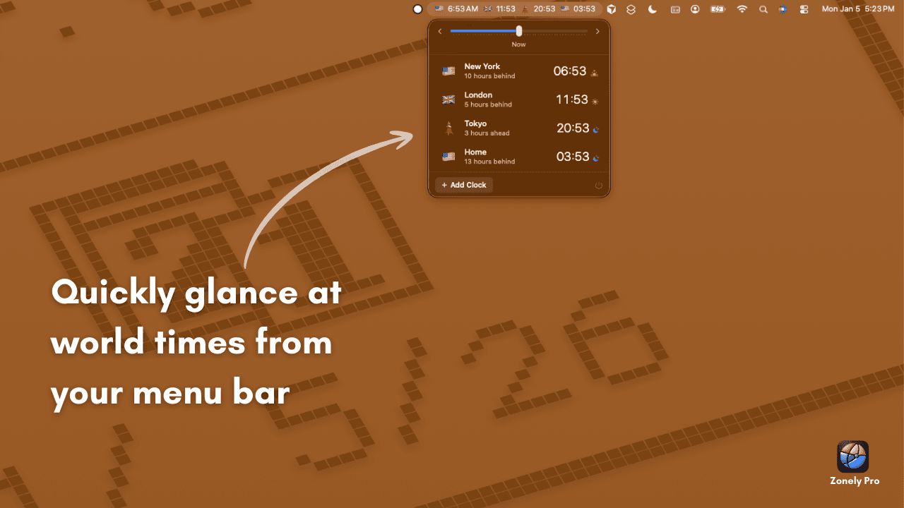 Zonely Pro - Quickly glance at world times from your menu bar